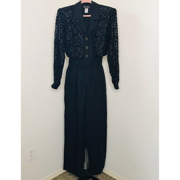Vintage John Roberts Womens Jumpsuit Size 10 Black Eyelet Pant Romper Power Suit - Picture 2 of 10